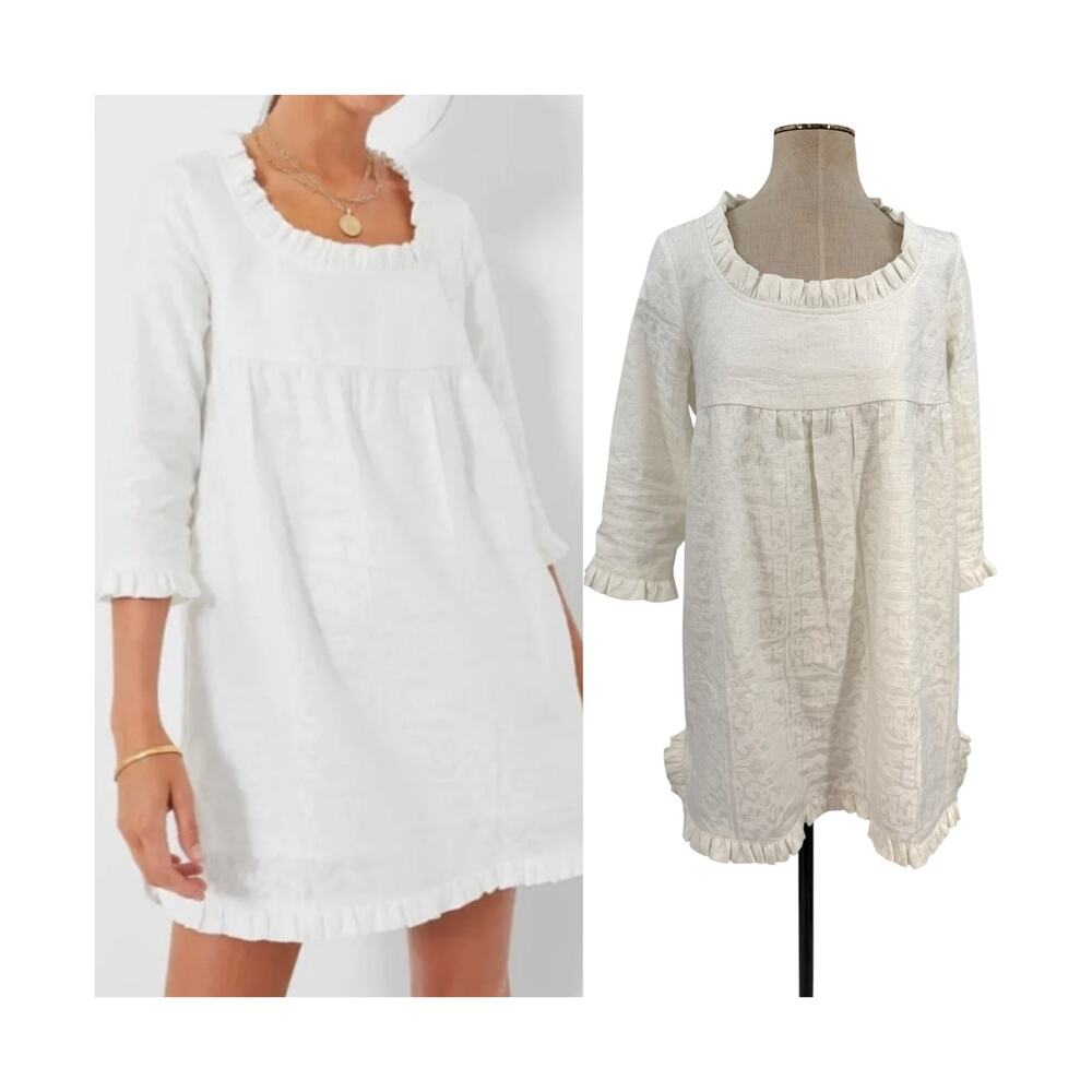 Tuckernuck Clara Cross Stitch Jacquard Babydoll Ruffle Mini Dress White Small